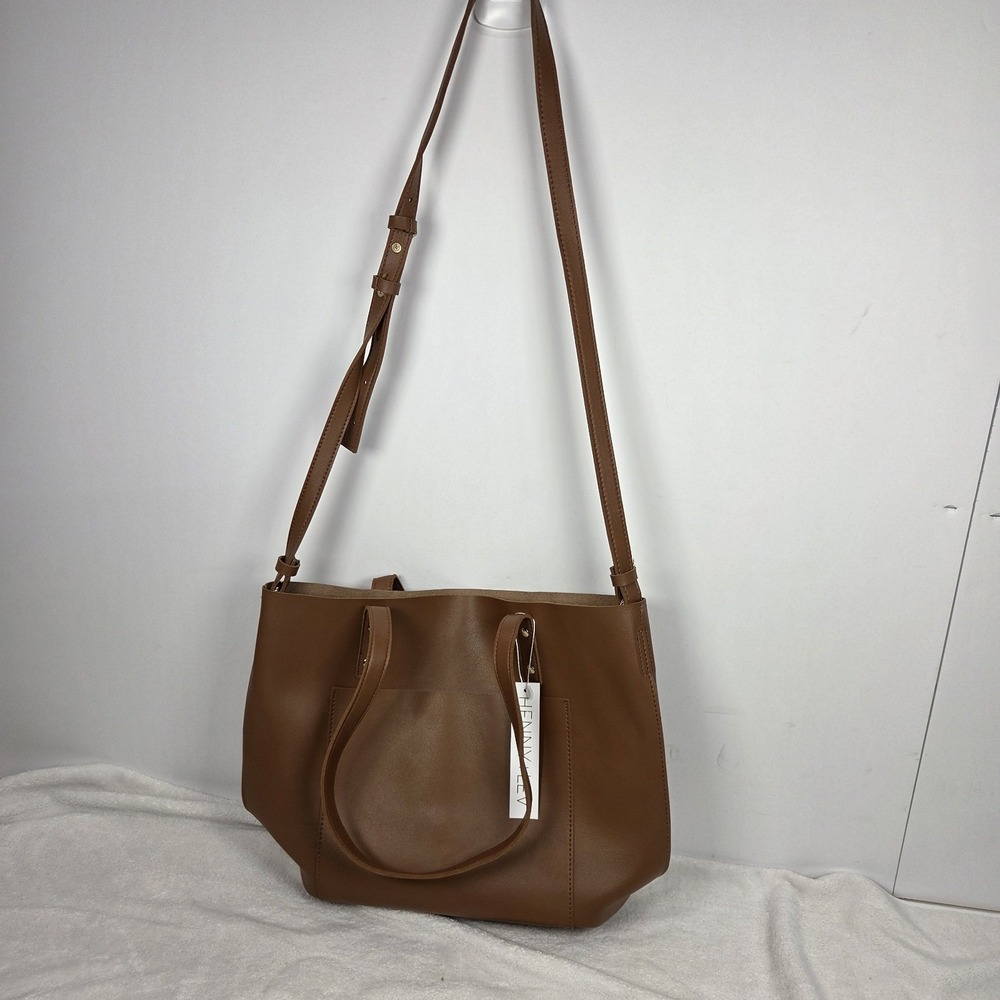 HENNY + LEV Brown Tote Bag Women's Solid Stitching Accent Shoulder Handbag - Picture 7 of 10